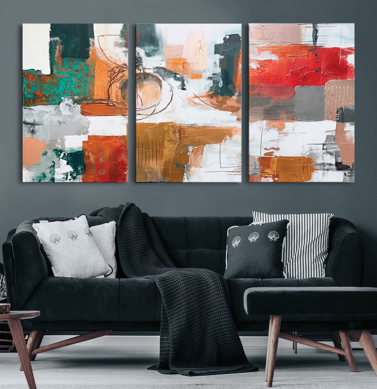 Blue Teal Abstract Canvas Wall Art, Modern Textured Painting Print, Navy Orange White Contemporary Art, Neutral Living Room Decor, Office Art