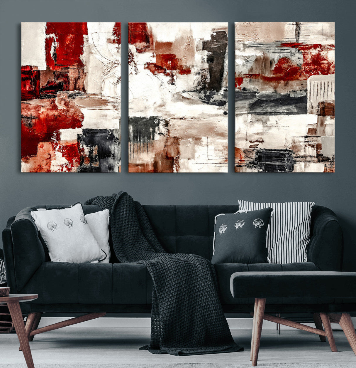 Blue Teal Abstract Canvas Wall Art, Modern Textured Painting Print, Navy Orange White Contemporary Art, Neutral Living Room Decor, Office Art