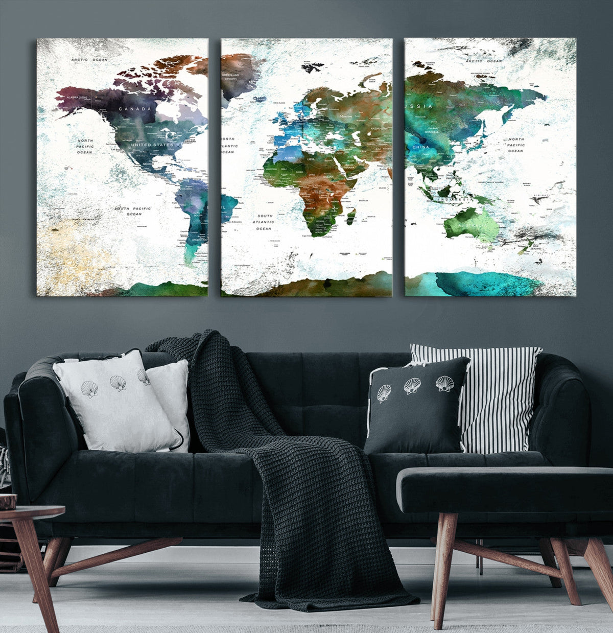 Modern Watercolor World Map Canvas Wall Art – Framed