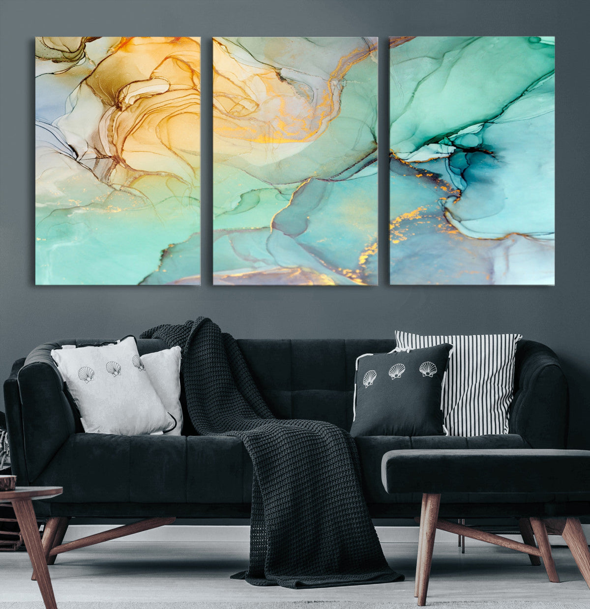 Abstract Aqua and Gold Fluid Wall Art Canvas | 3 Panel Large