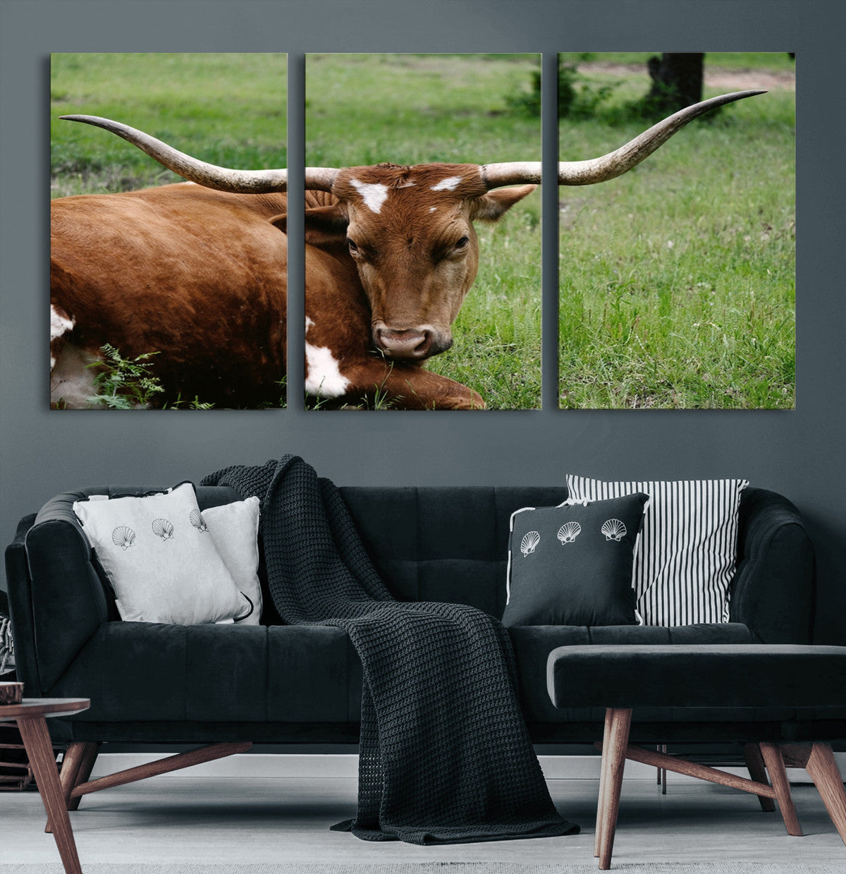 Longhorn Steer Canvas Wall Art – Rustic Nature Triptych