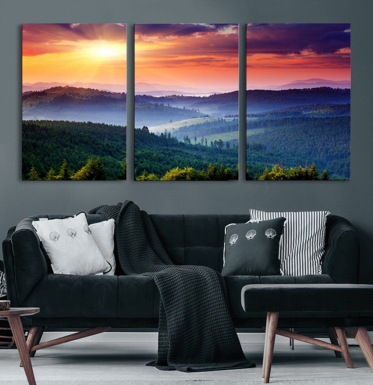 Beautiful Sunset over Hills Forest Landscape Canvas Wall Art