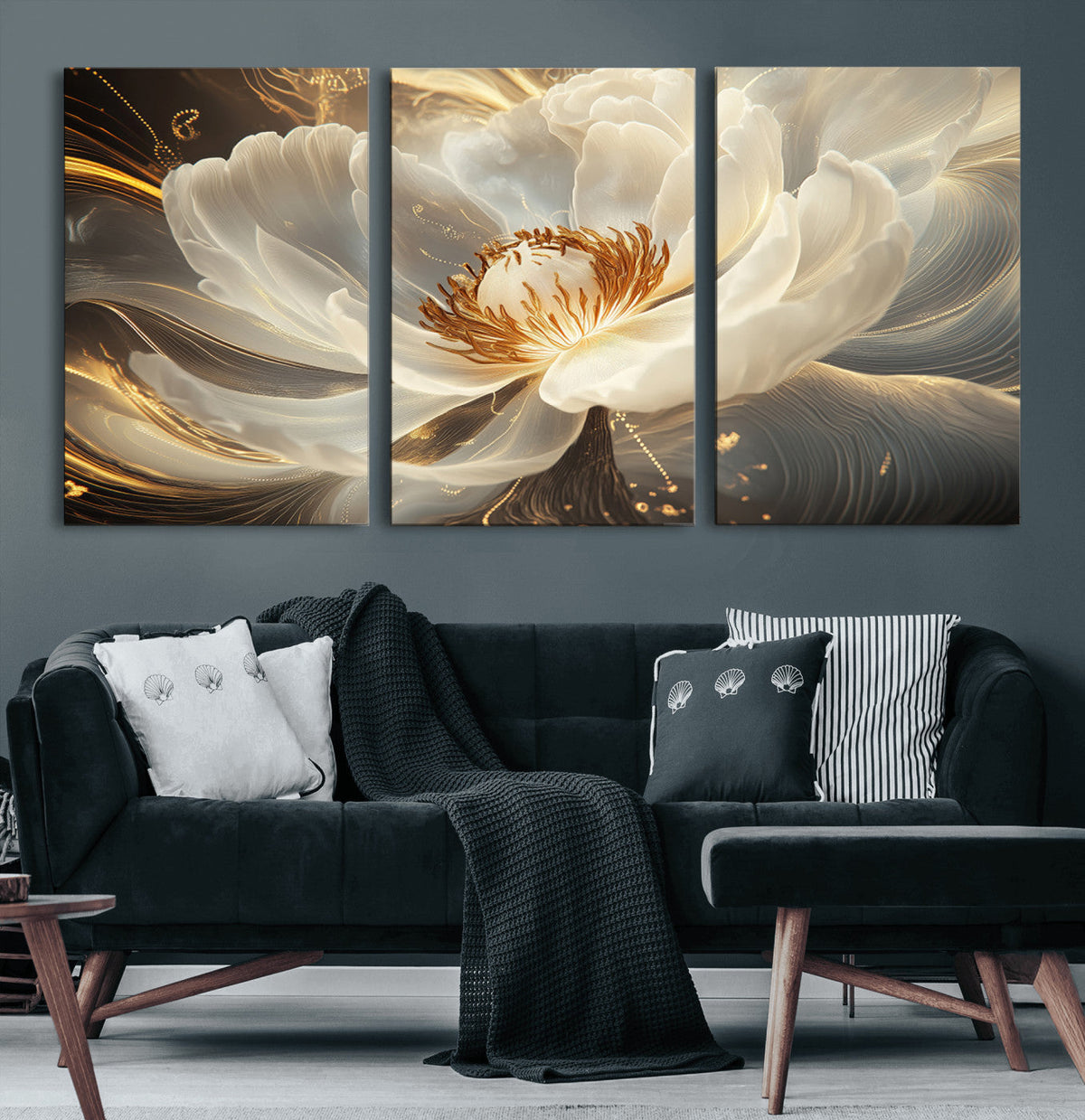 Gold Floral Wall Art Canvas Print, Framed Modern Flower Art