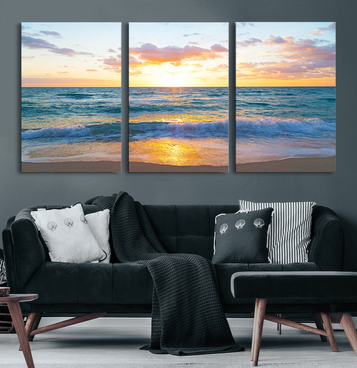 Golden Sunset Over Ocean Waves - Serene Coastal Triptych