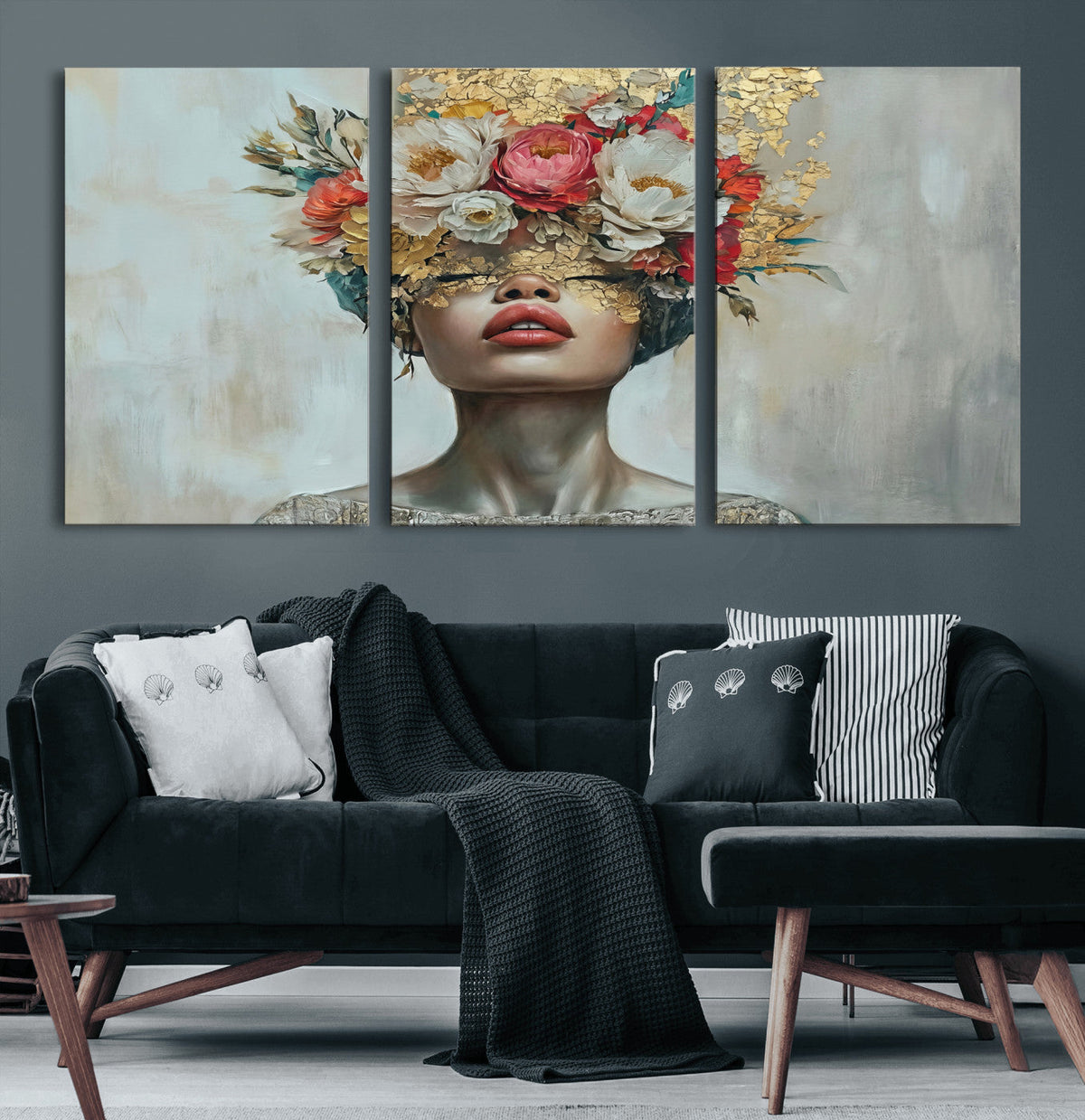 Golden Petal Wall Art Canvas Print - Silhouette Woman Wall