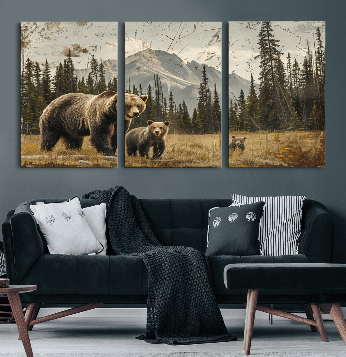 Rustic Grizzly 399 Bear Family Wall Art Canvas Print