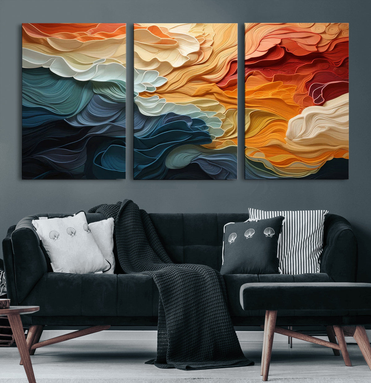 Blue Orange Abstract Wave Wall Art Canvas Print, Framed Blue