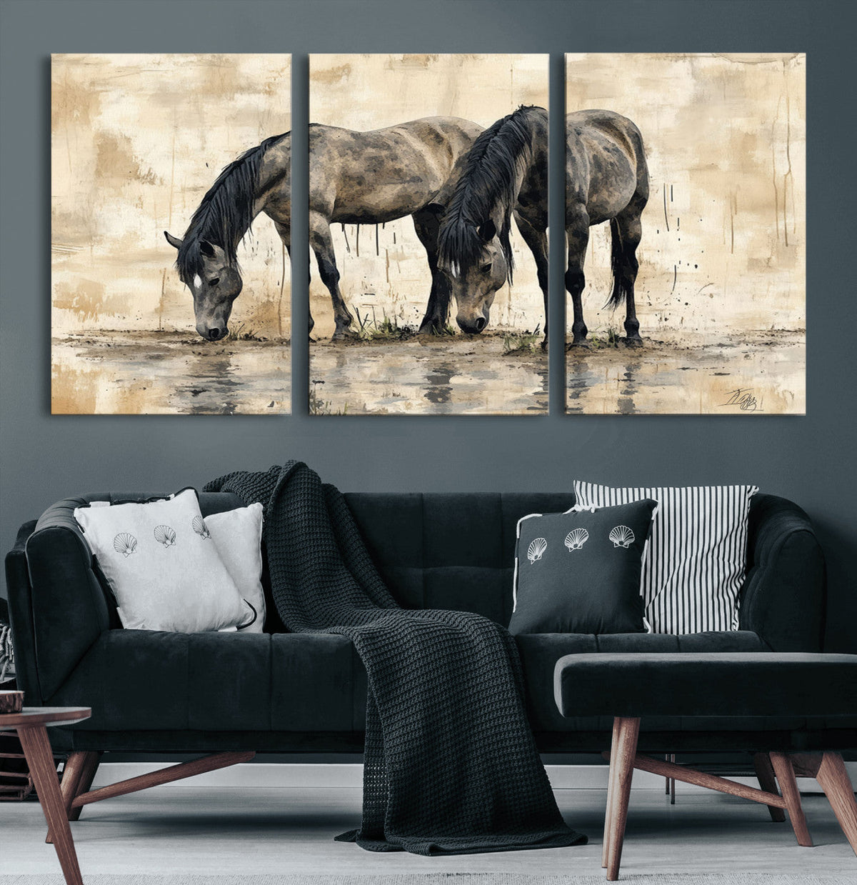 Chinese Style Abstract Black Horses Wall Art Canvas Print -