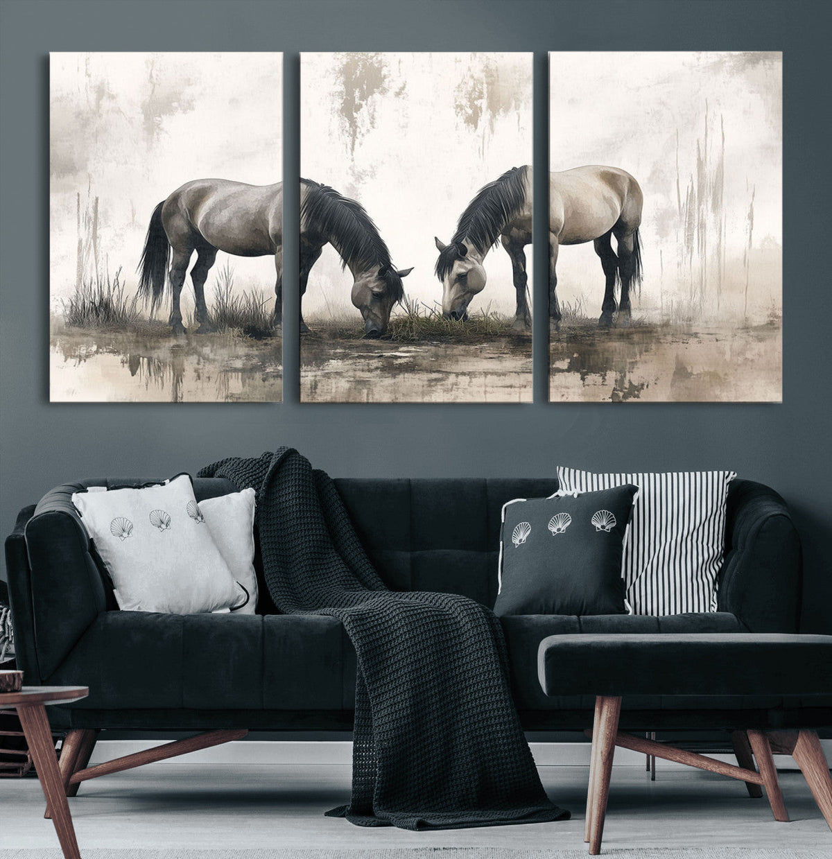 Chines Ink Style Vintage Horses Wall Art Canvas Print for