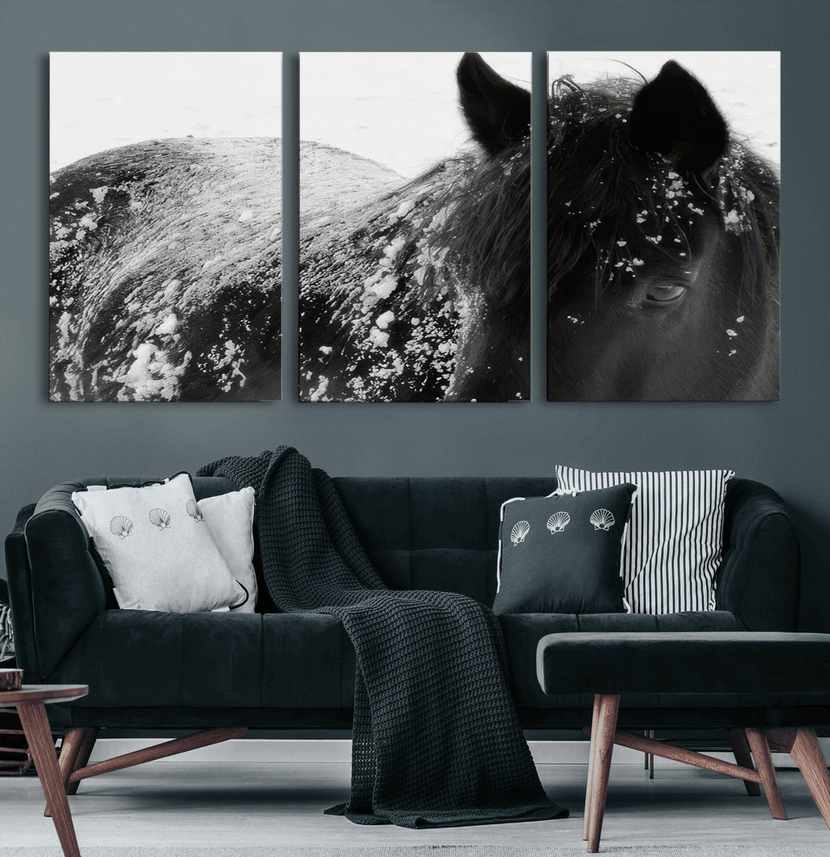 Black Horse in Snow Canvas Print | Winter Horse Wall Art |