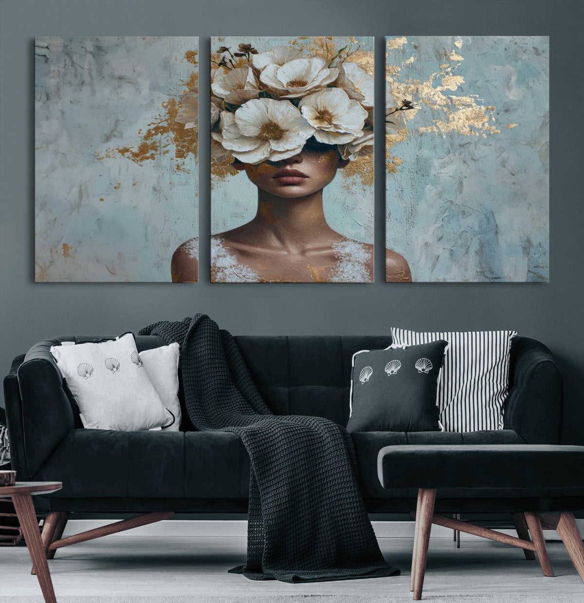 Golden Petal Wall Art - Petal Silhouette Woman Wall Art