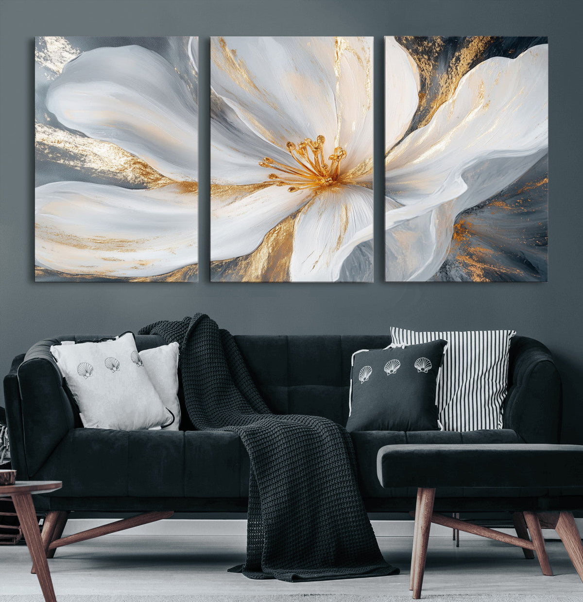 White and Gold Floral Canvas Wall Art - Framed and Ready to