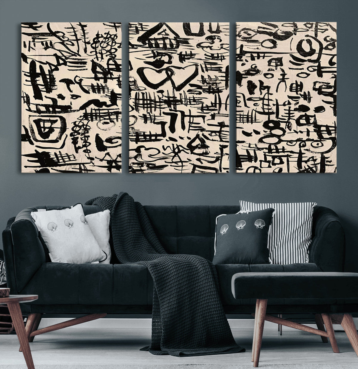 Abstract Love and Chaos Canvas Print, Black Symbols on Beige