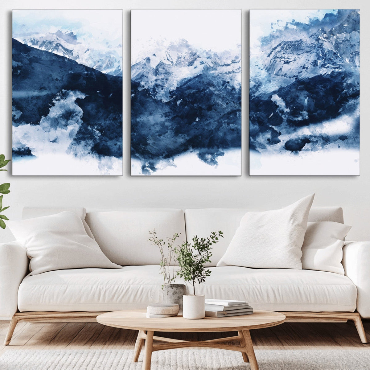 Abstract Blue Mountain Canvas Wall Art – Modern Triptych