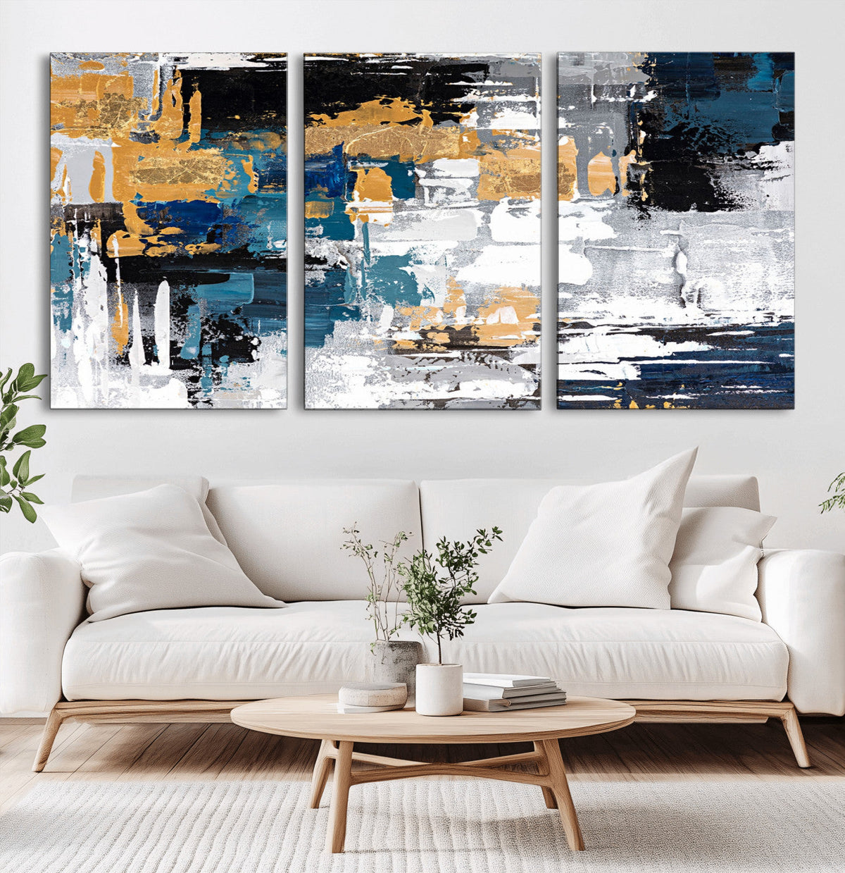 Blue and Gold Abstract Canvas Wall Art – Triptych Modern