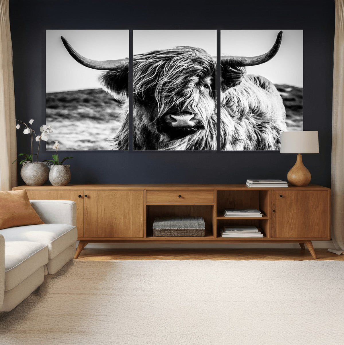 Black and White Scottish Cow Canvas Wall Art Highland Cattle