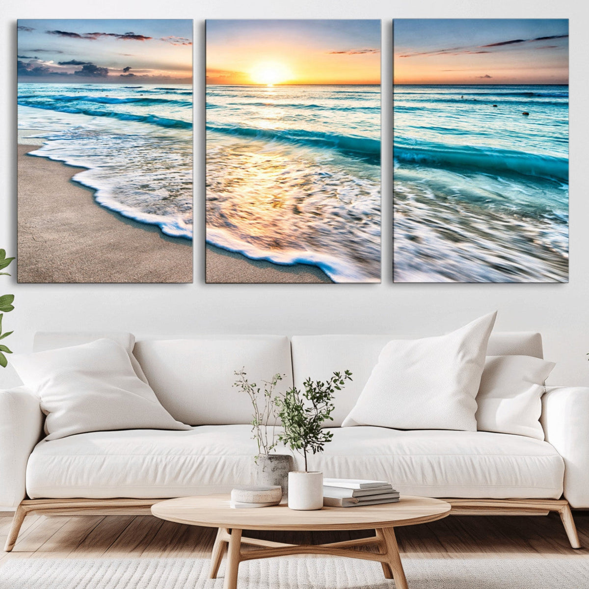 Sunset Beach Waves Canvas Wall Art – 5-Panel Ocean Sunset