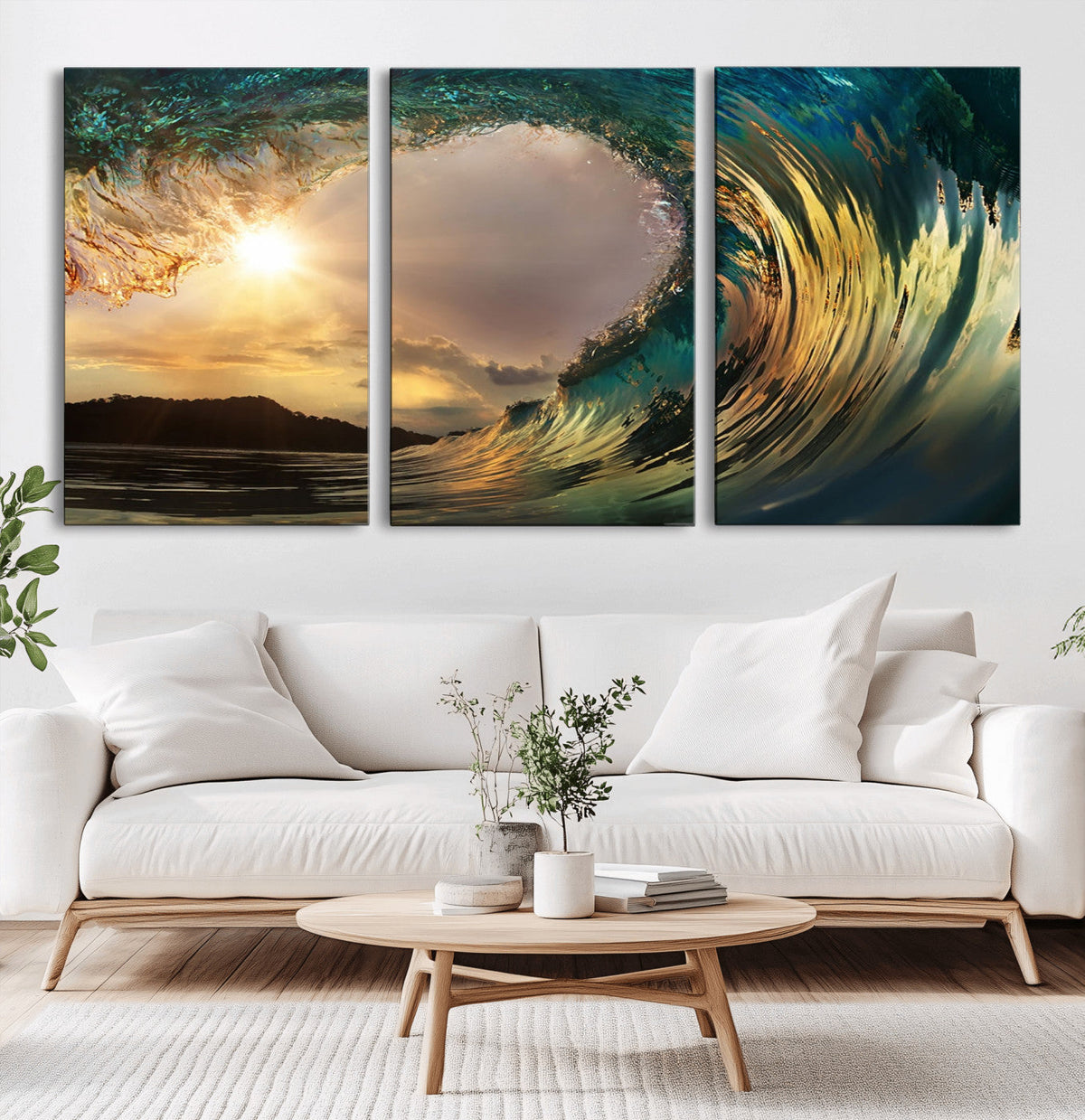 Golden Wave Sunset Canvas Print – Large Coastal Wall Art for