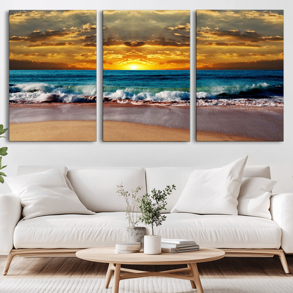 Ocean Sunrise Over Golden Beach Waves, Giclee Canvas Wall