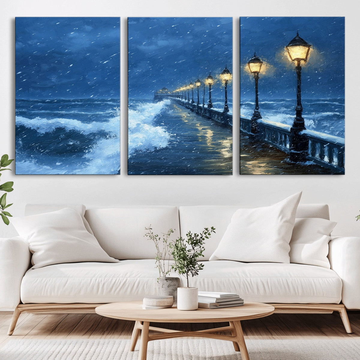 Stormy Ocean Pier Lights Canvas Wall Art Print - Large Moody