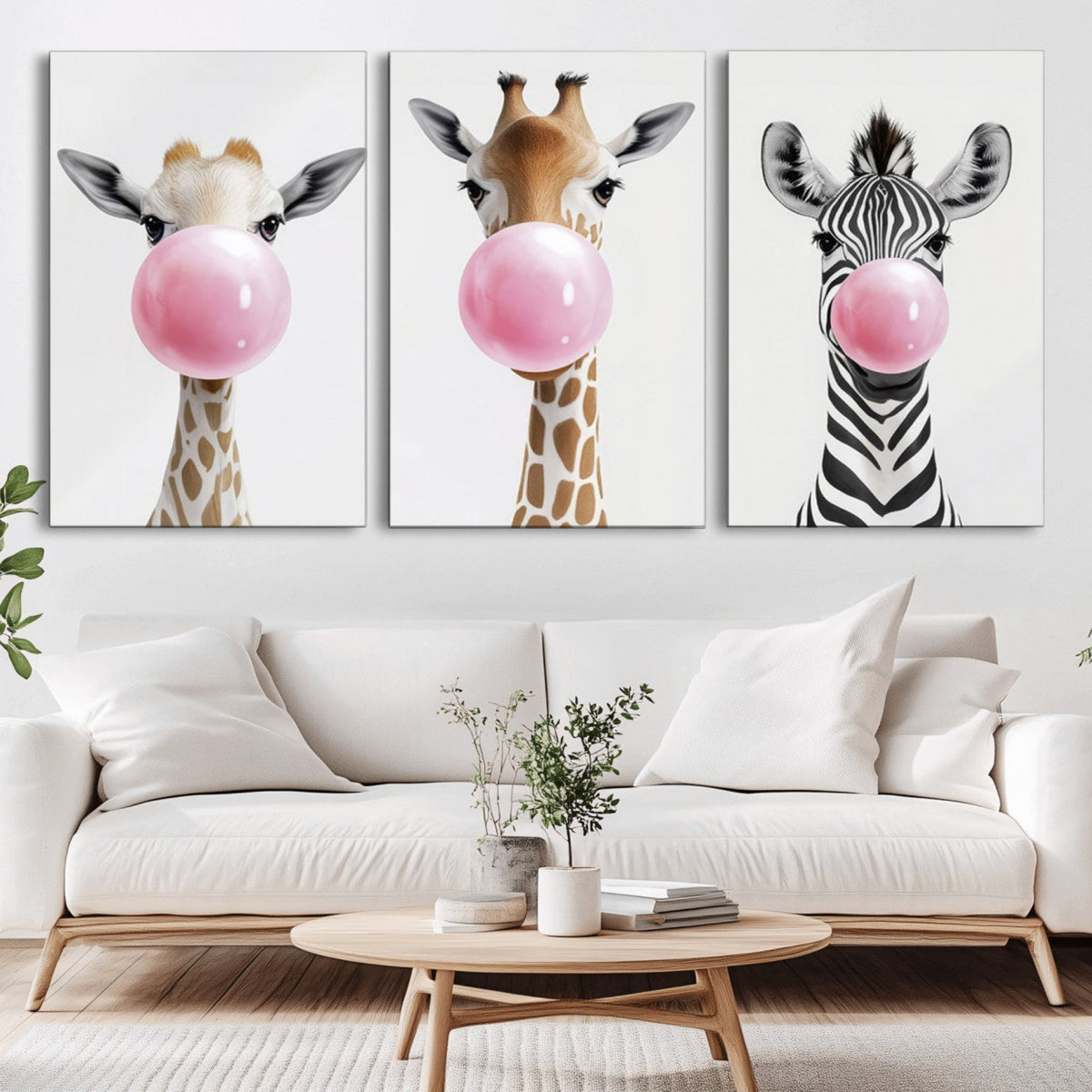 Bubblegum Animals Canvas Wall Art - Playful Giraffe and