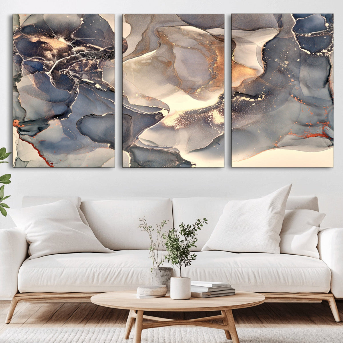 Abstract Blue and Gold Wall Art - Fluid Ink Artwork - Modern