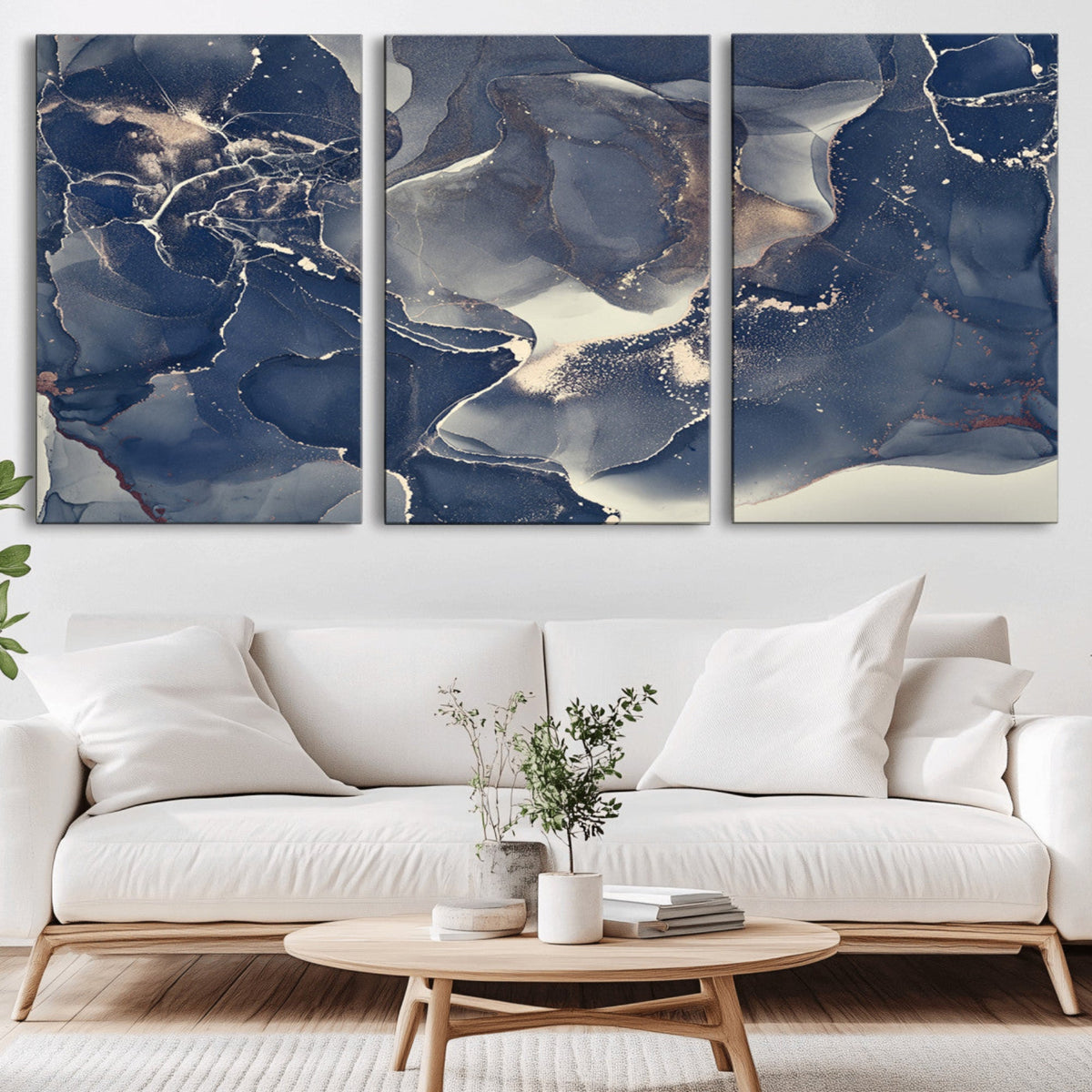 Large Abstract Blue and Gold Canvas Wall Art Fluid Ink