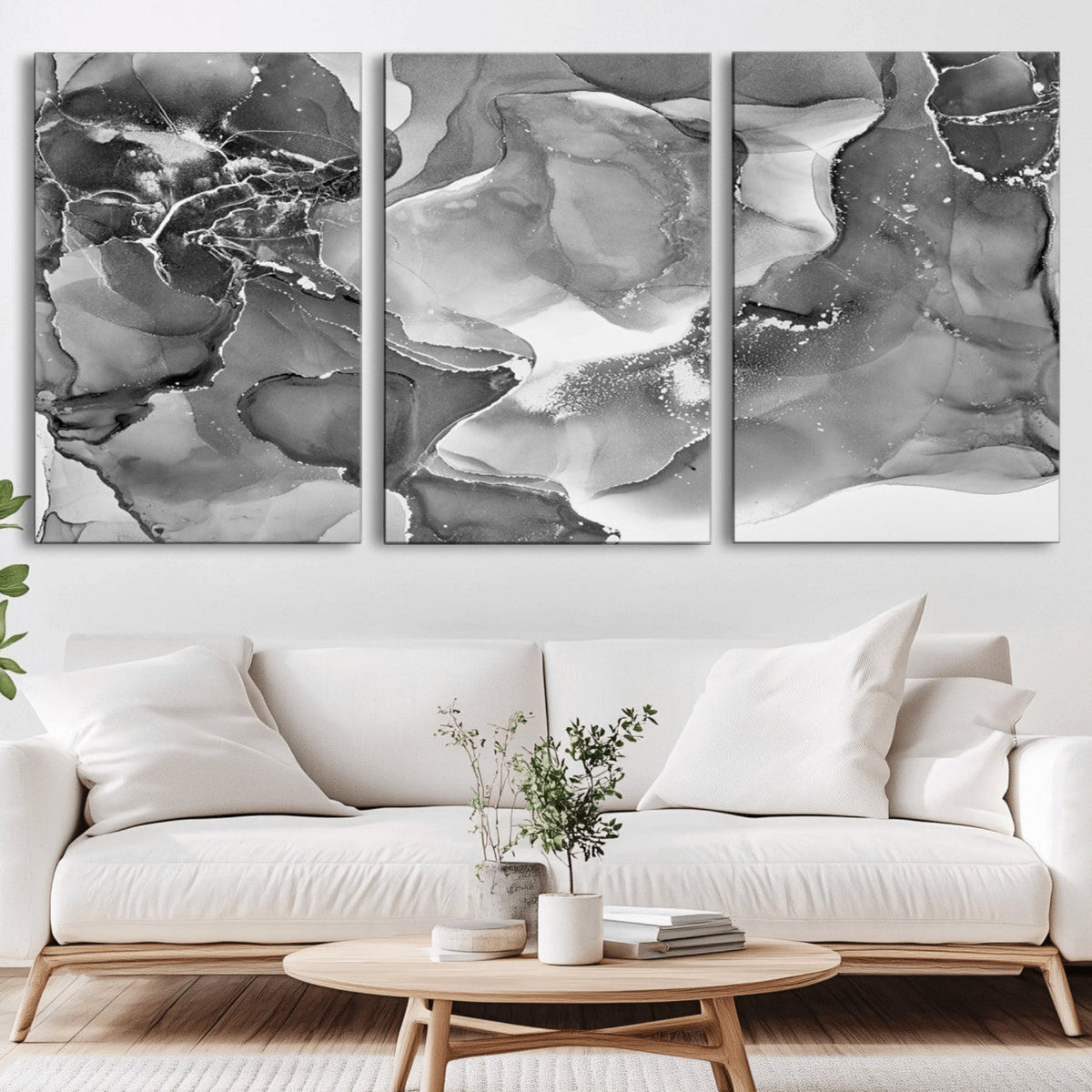 Black White Abstract Canvas Wall Art - Fluid Ink Artwork -