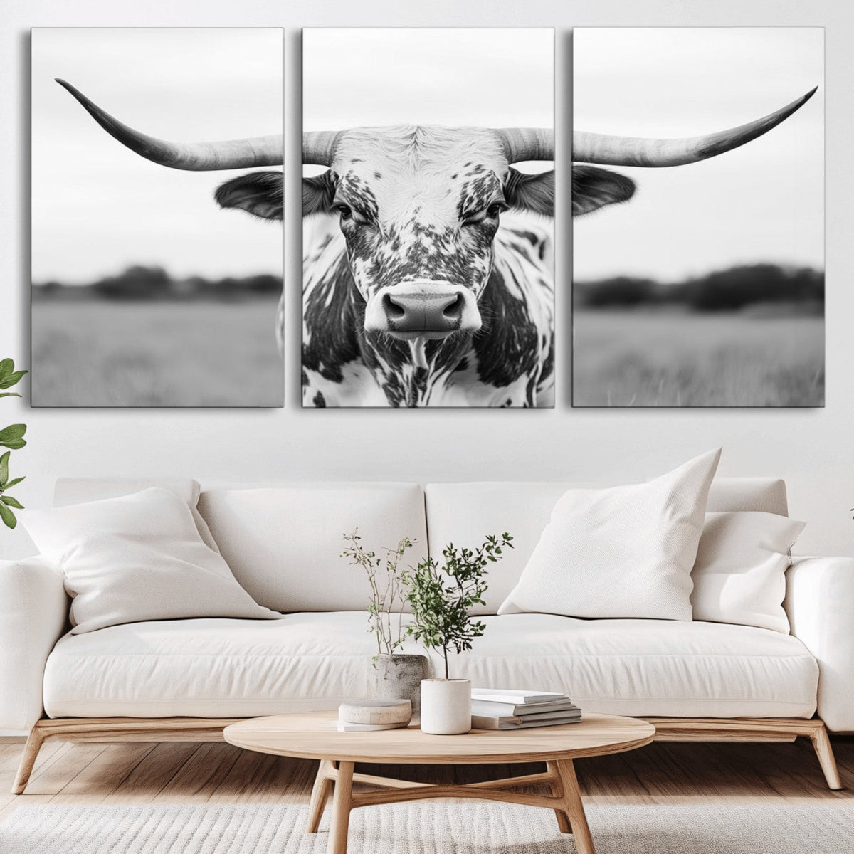 Highland Cow Wall Art Canvas Print – Black and White Western