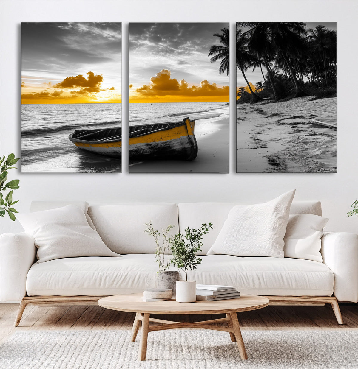 Yellow Rowboat Wall Art – Framed Tropical Shoreline Canvas