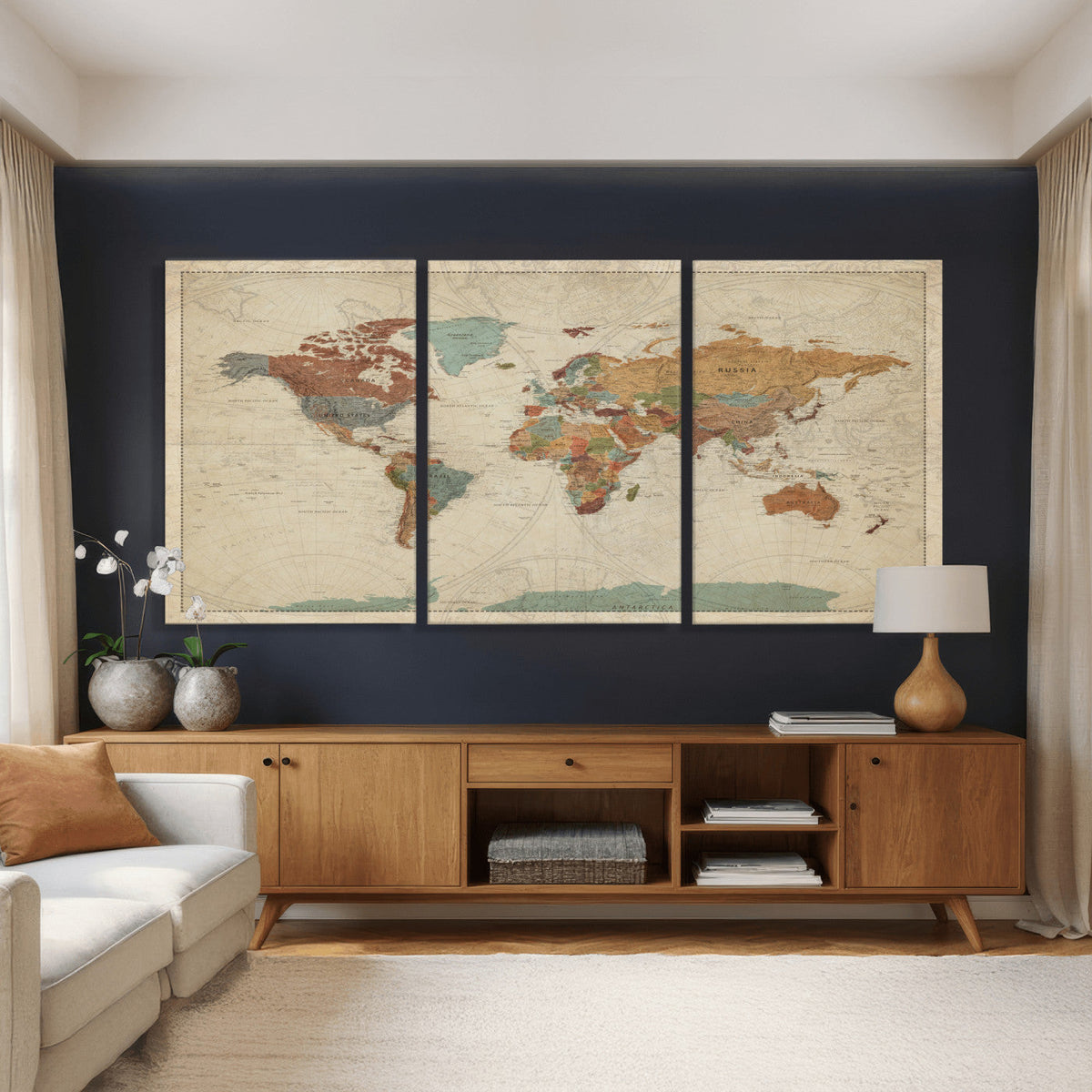 Vintage World Map Canvas Wall Art Print – Framed Modern