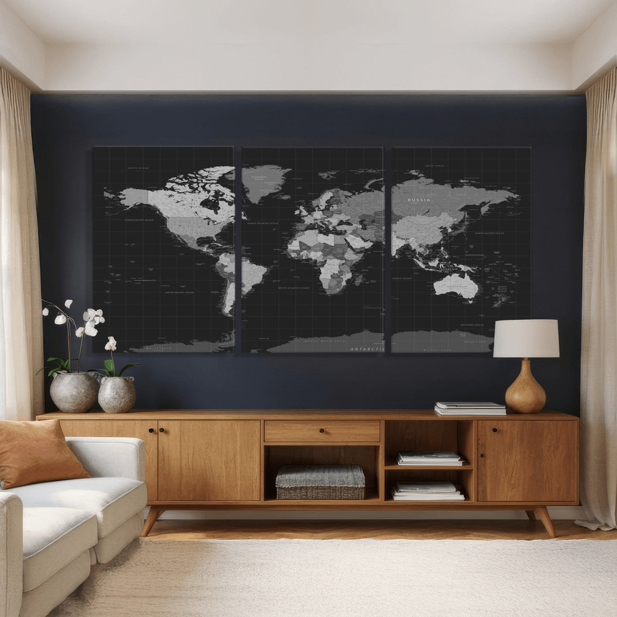 Black World Map Wall Art Canvas Print – Detailed Map of the