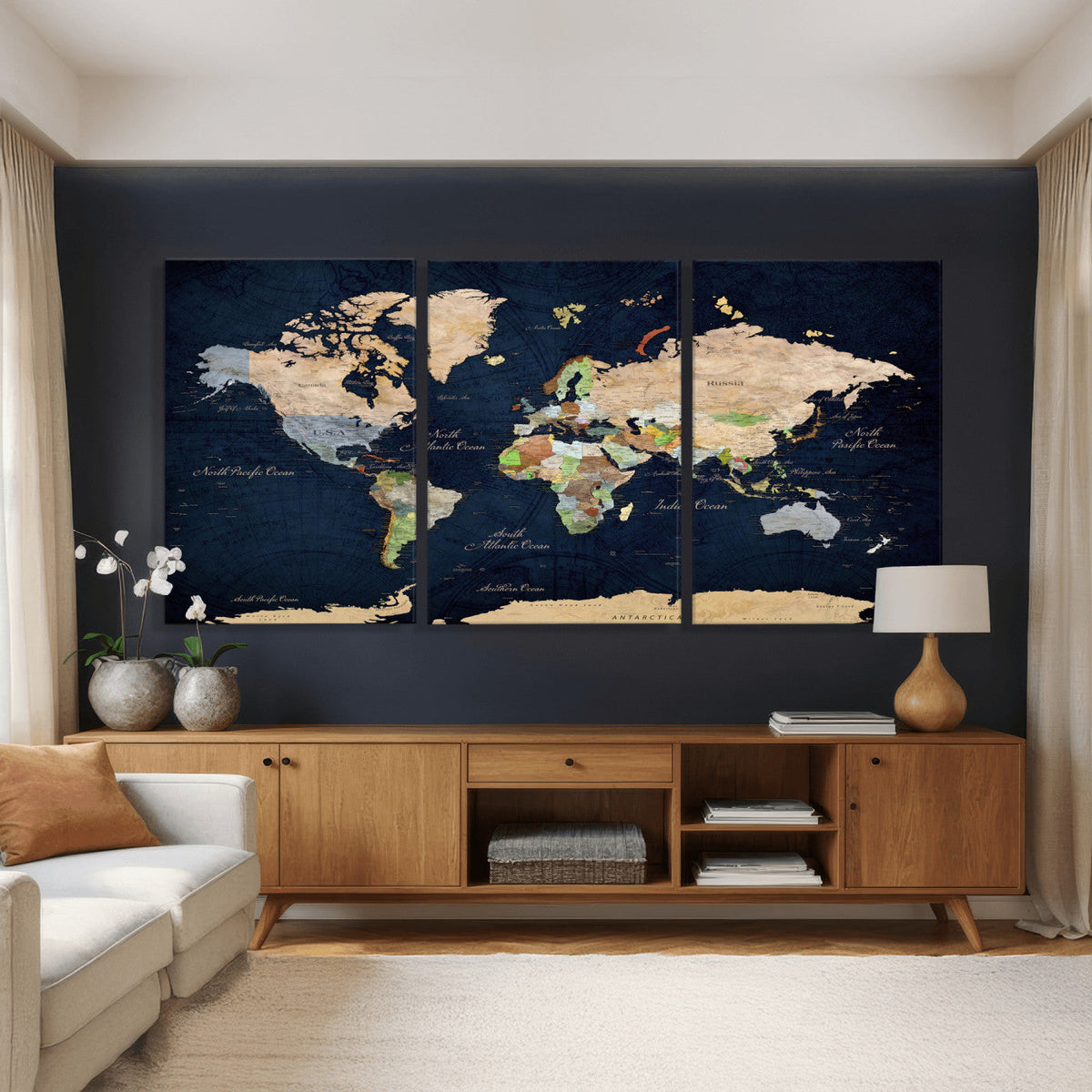 Minimalist World Map Canvas Wall Art - Watercolor Blue and