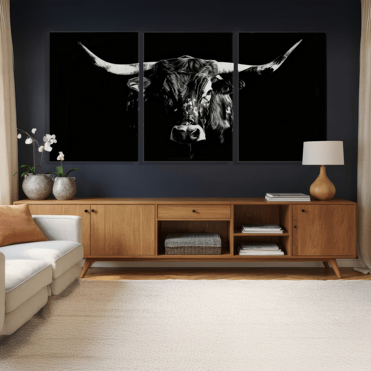 Black Bull Wall Art Canvas Print, Dark Longhorn Portrait