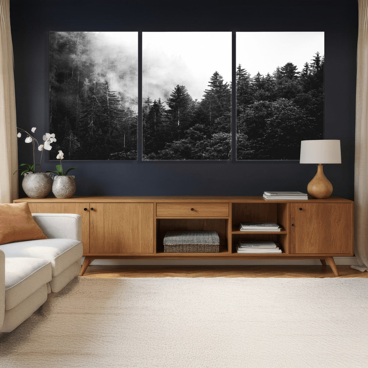 Black White Forest Wall Art Canvas Print, Misty Pine Tree