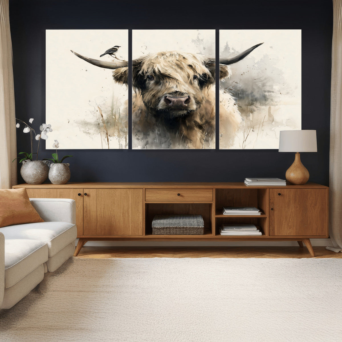 Abstract Highland Cow Wall Art Canvas Print, Rustic Farm