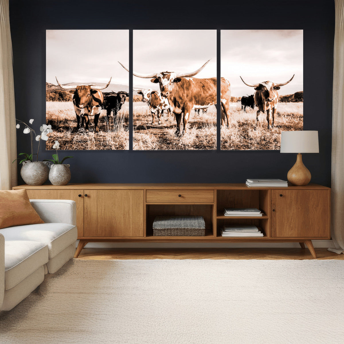 Texas Longhorn Cattle Wall Art Canvas Print, Sepia Western