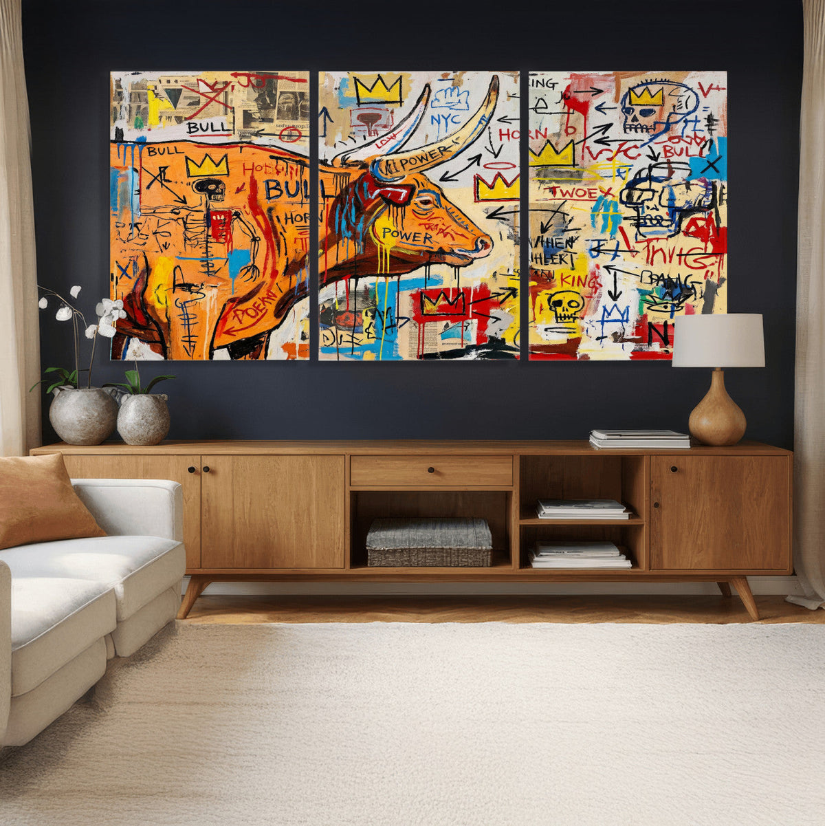 Basquiat Style Bull Graffiti Wall Art Canvas Print, Street