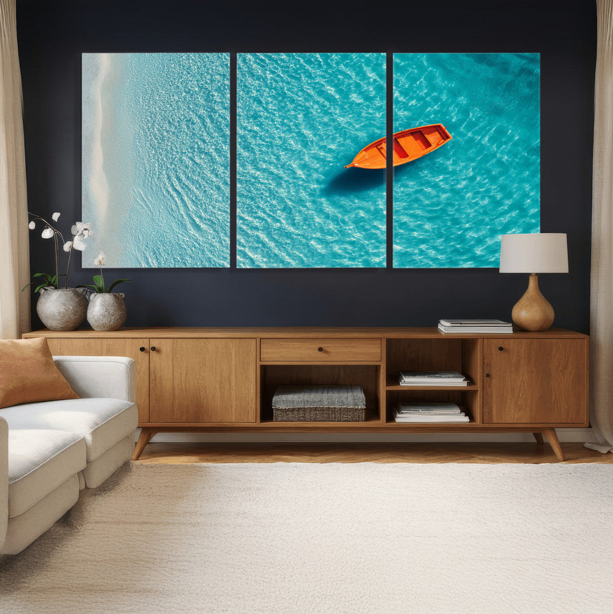 Minimalist Boat Wall Art Canvas Print, Aerial Sea Landscape
