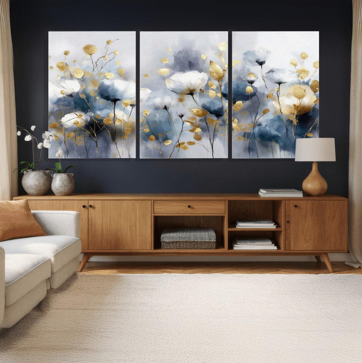 Large Abstract Flowers Wall Art Canvas Print – Gold and Blue