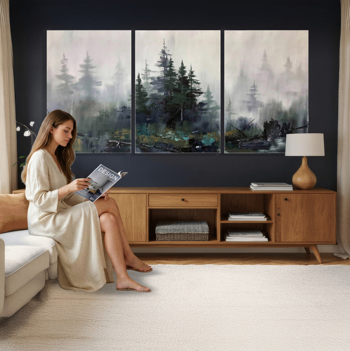 Misty Pine Forest Oil Painting Canvas — Dark Moody Teal Grey