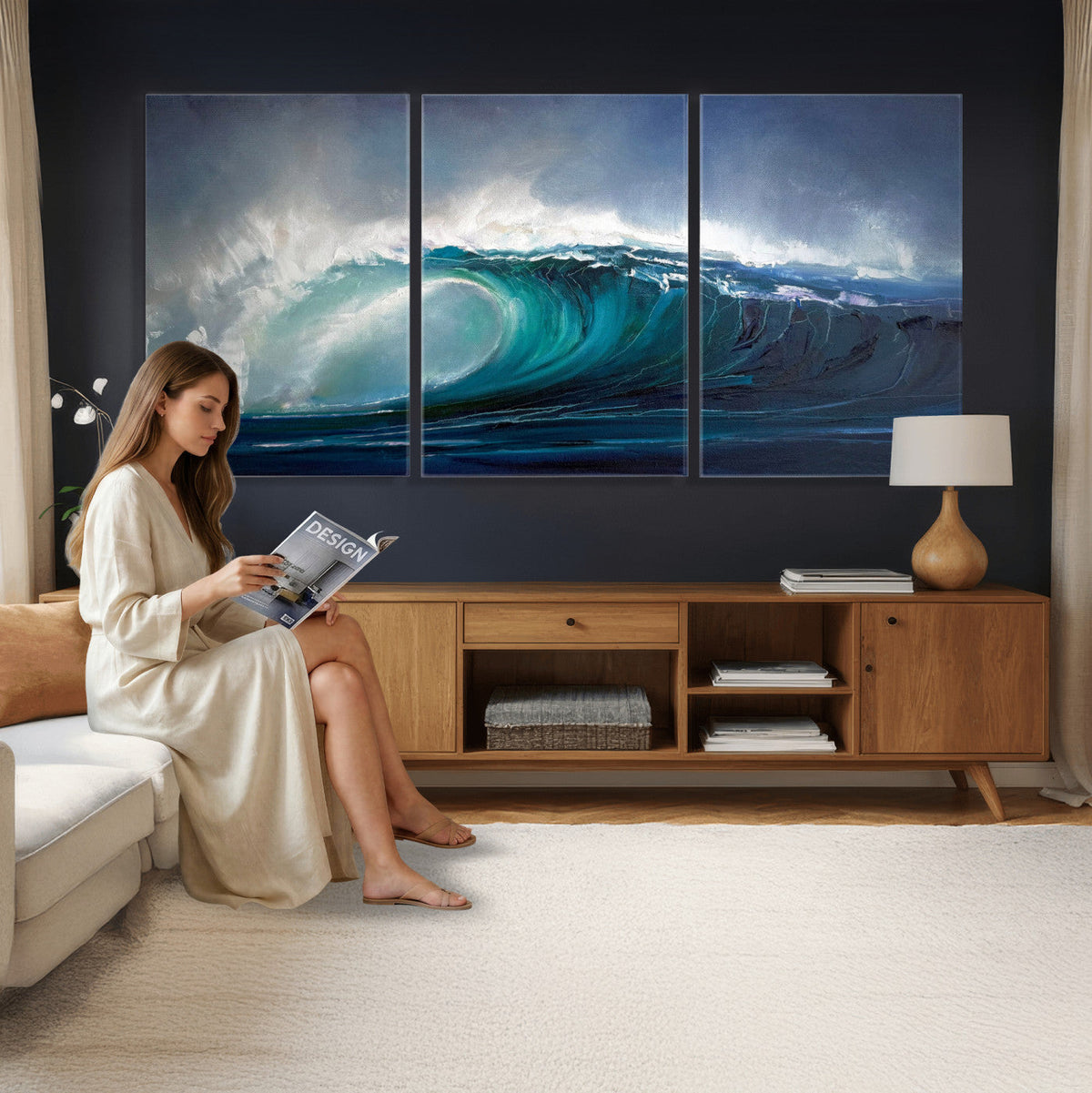 Ocean Wave Canvas Wall Art, Dramatic Teal Blue Seascape Oil