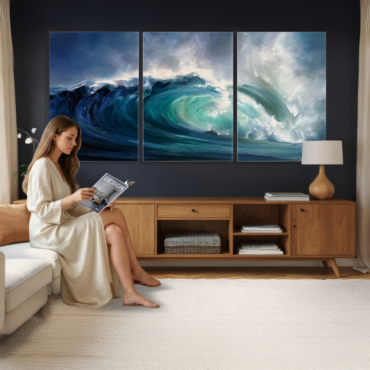 Ocean Wave Canvas Wall Art, Dramatic Teal Blue Seascape Oil