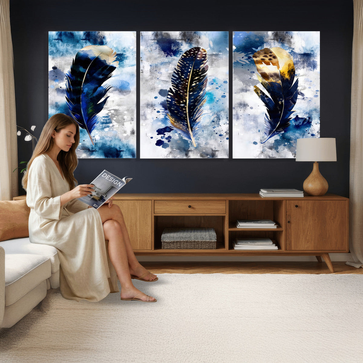 Feather Canvas Wall Art Navy Blue Gold Watercolor Abstract