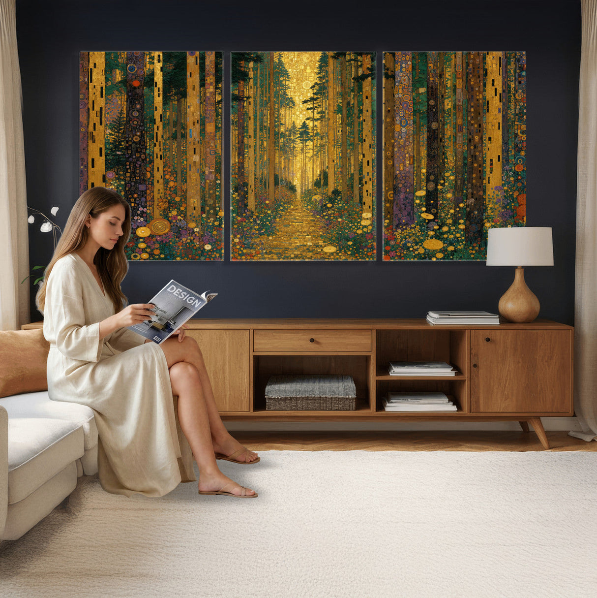 Gustav Klimt Style Forest Canvas Wall Art, Golden Forest Path Floral Art Nouveau Print, Enchanted Woodland Decor