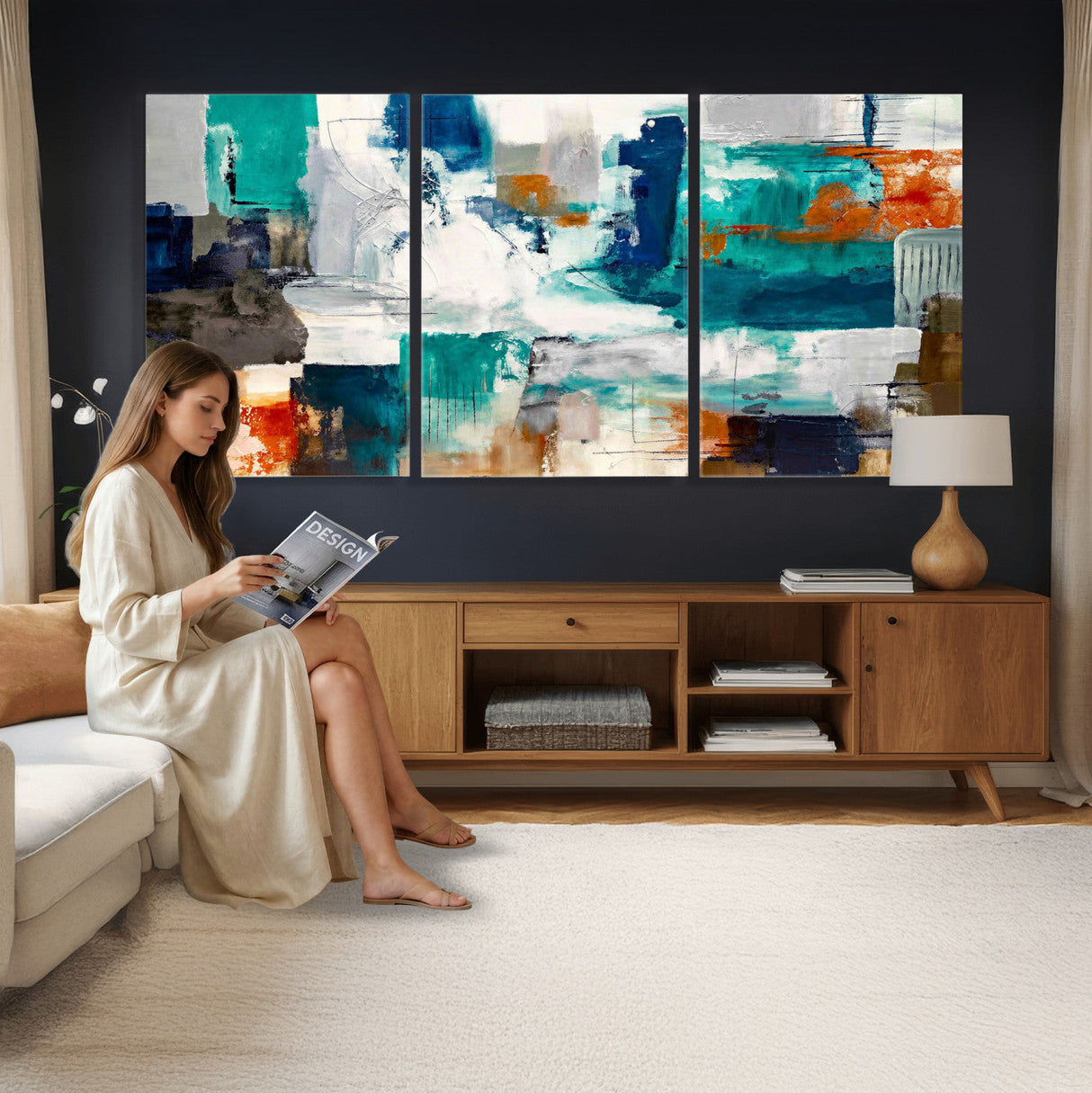 Blue Teal Abstract Canvas Wall Art, Modern Textured Painting Print, Navy Orange White Contemporary Art, Neutral Living Room Decor, Office Art