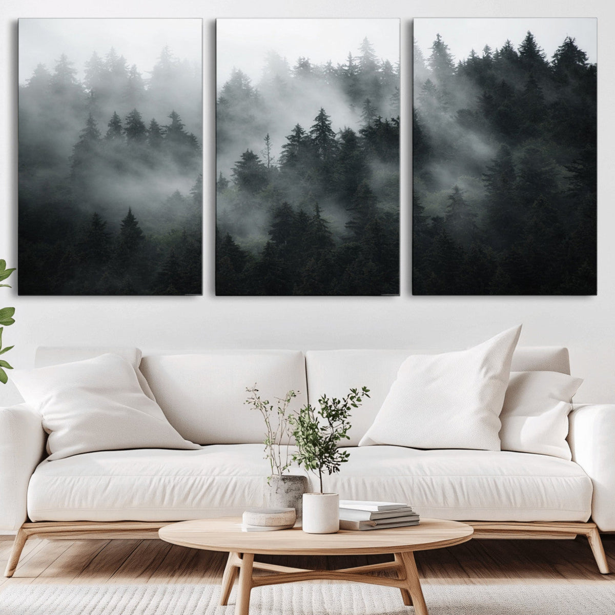 Foggy Forest Wall Art Canvas Print | 3 Panel Large Misty