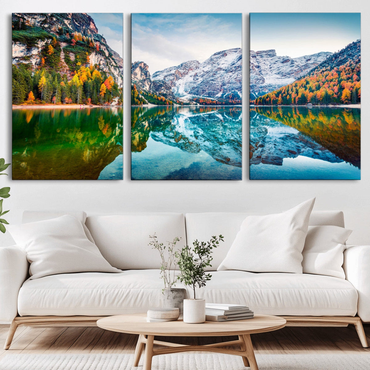 Spectacular autumn view of Braies Lake Wall Art Canvas Print