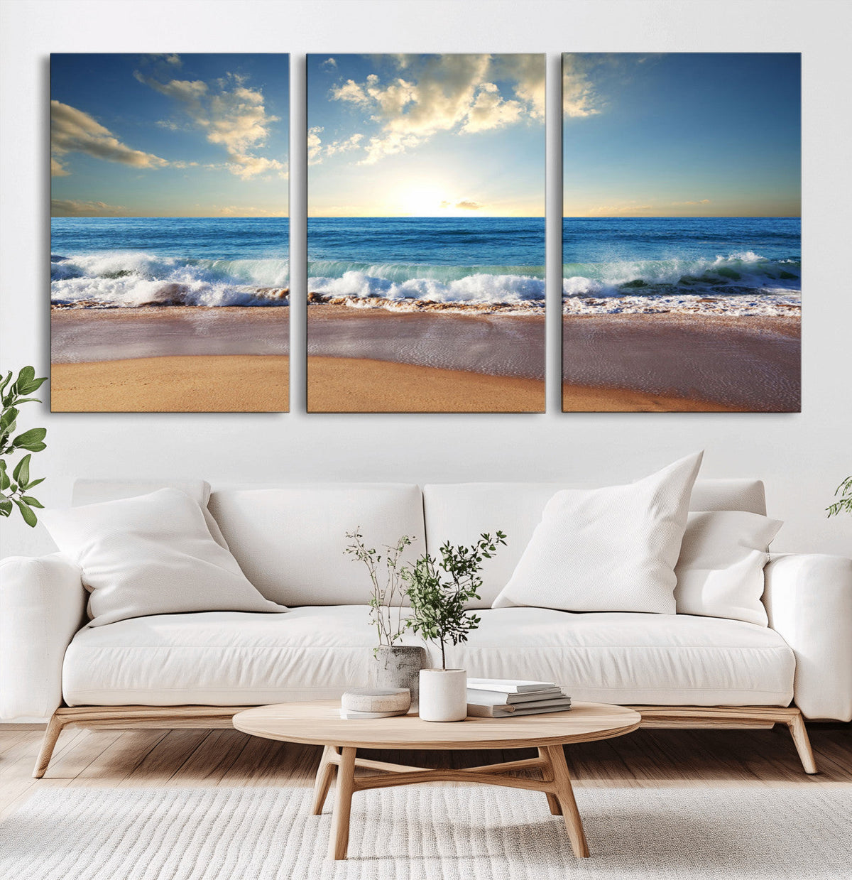 Serene Ocean Sunset Canvas Wall Art - Beach Waves at Sunset,