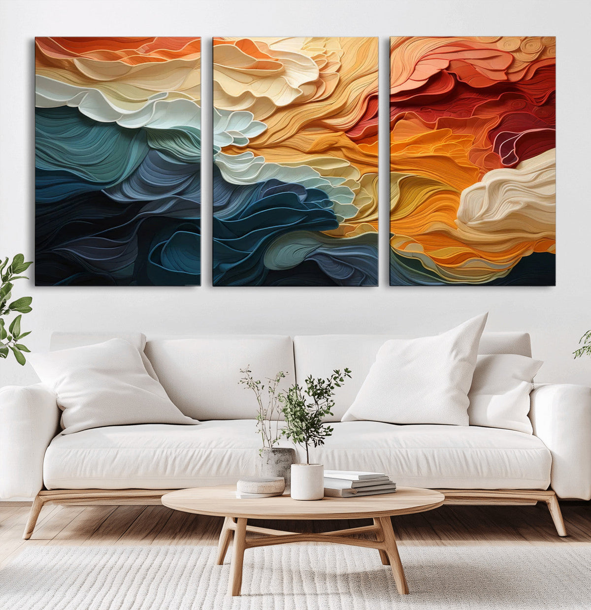 Blue Orange Abstract Wave Wall Art Canvas Print, Framed Blue